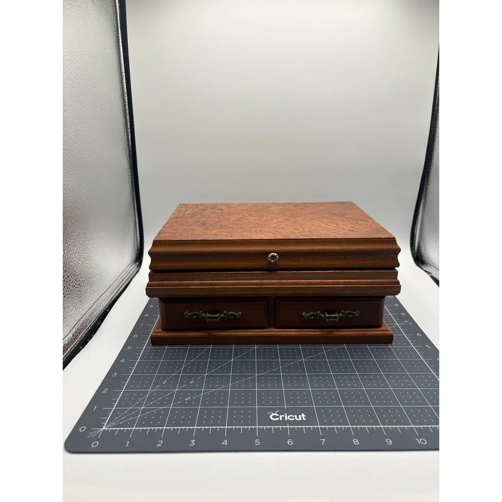 Vintage Wooden Jewelry Box Burl Wood Lid Mirror Swing Tray Drawer Organizer